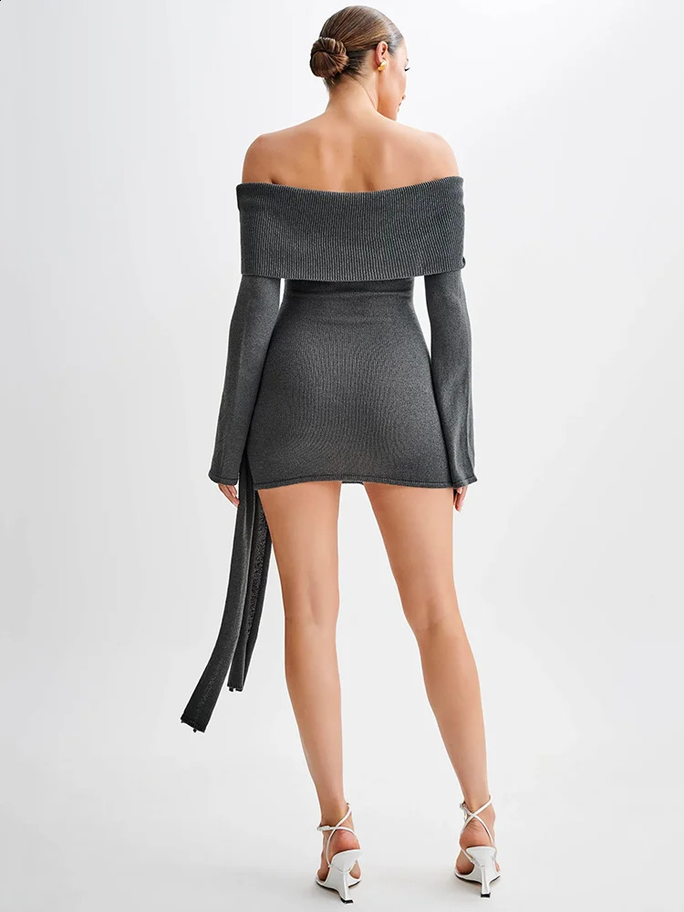 Mozision Shoulder Knitted Womens Mini Dress AutumnWinter Style Strapless Strap Long Sleeve Ruffle 240828