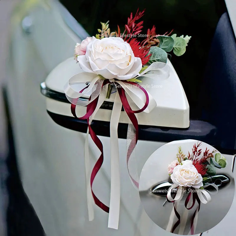 4PCS Artificial Flower Decoration Outdoor Car Mirror Door Romantic Floral Wedding Decor Ribbon false Flower Decoration Supplies 240829 - view 3