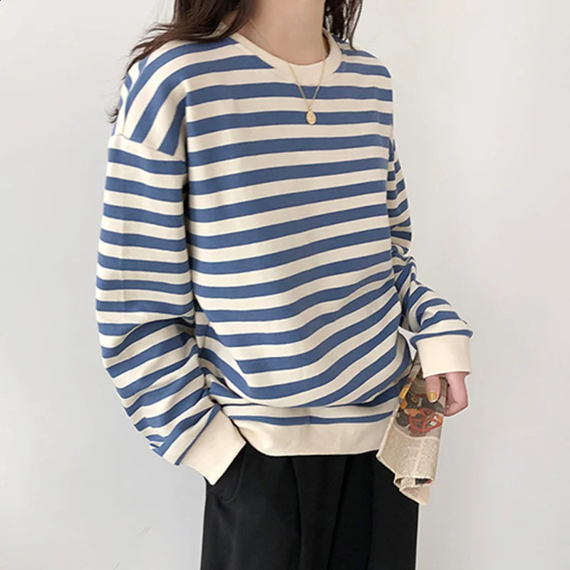 Korean boyfriend oversized casual hooded womens harajuku street retro striped patchwork sports shirt Oneck pulled thin top 240827