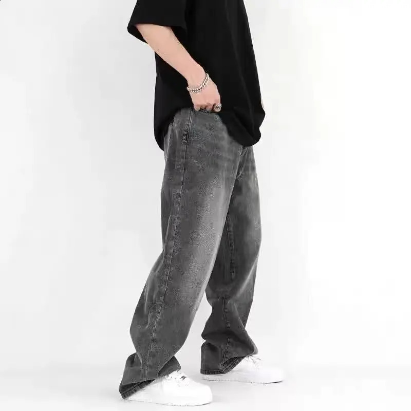 mens streetwear black gray pocket wide leg wash jeans Korean fashion straight elastic loose denim cargo pants 240829