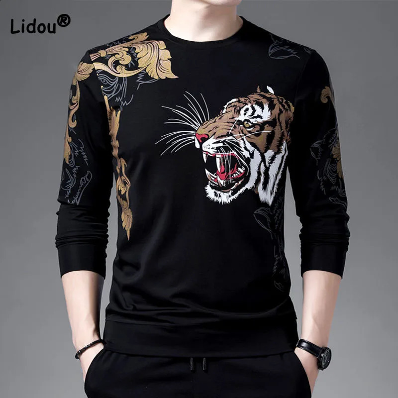 Fashion Printed Spliced Long Sleeve Mens T-shirt Spring Autumn Trend Round Neck Casual Comfortable Tops Male Clothes 240828