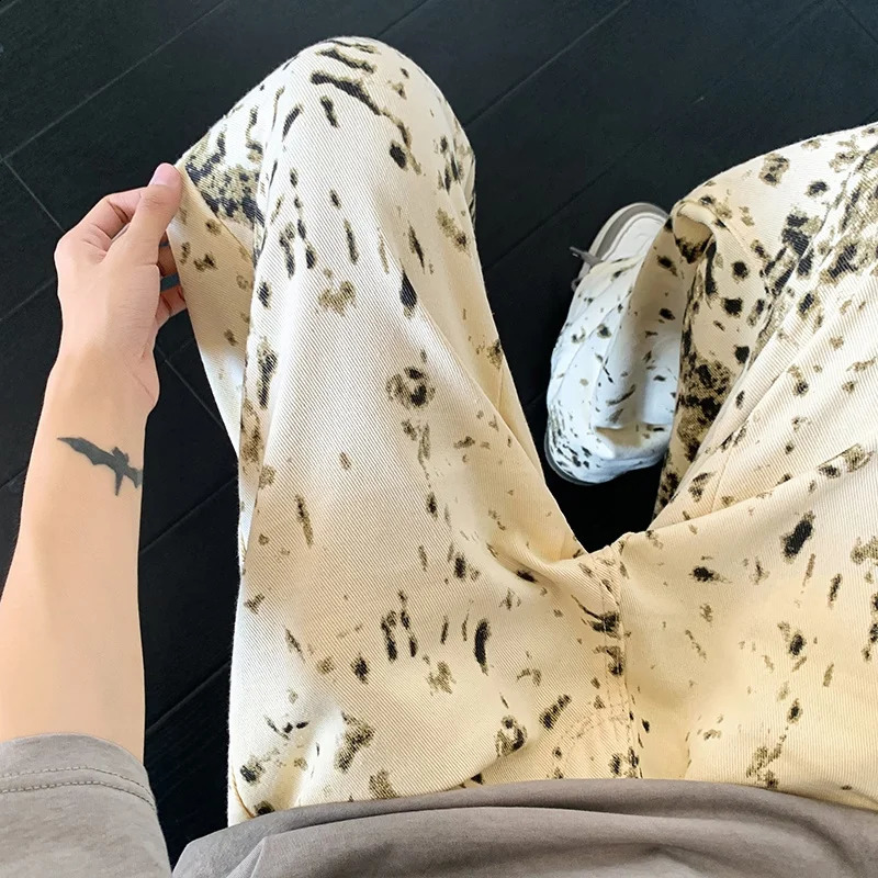 Mens leopard print jeans wide leg straight high street jeans mens handsome Trouser American street fashion 240829