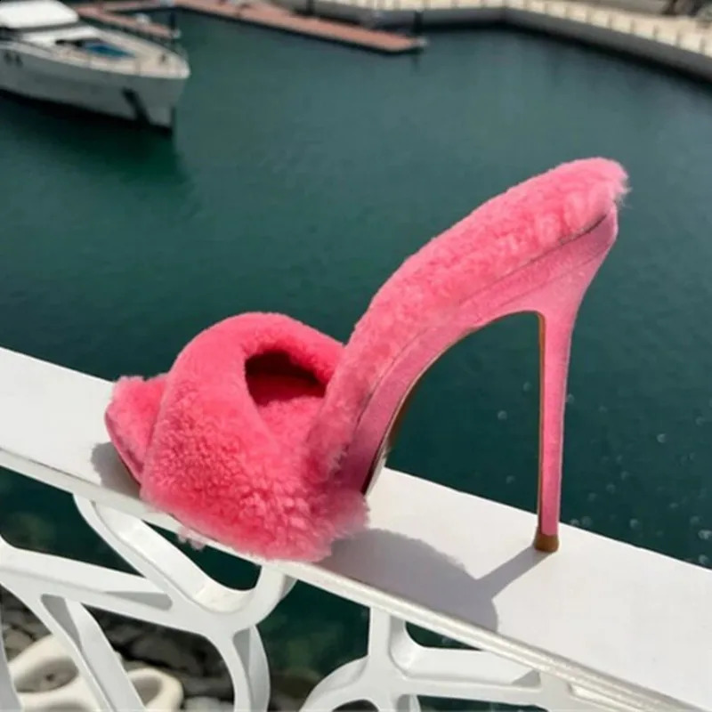 Runway super high heel slider womens sliding back oversized shoes sexy leather toe fur dress sliding party womens sandals 240827