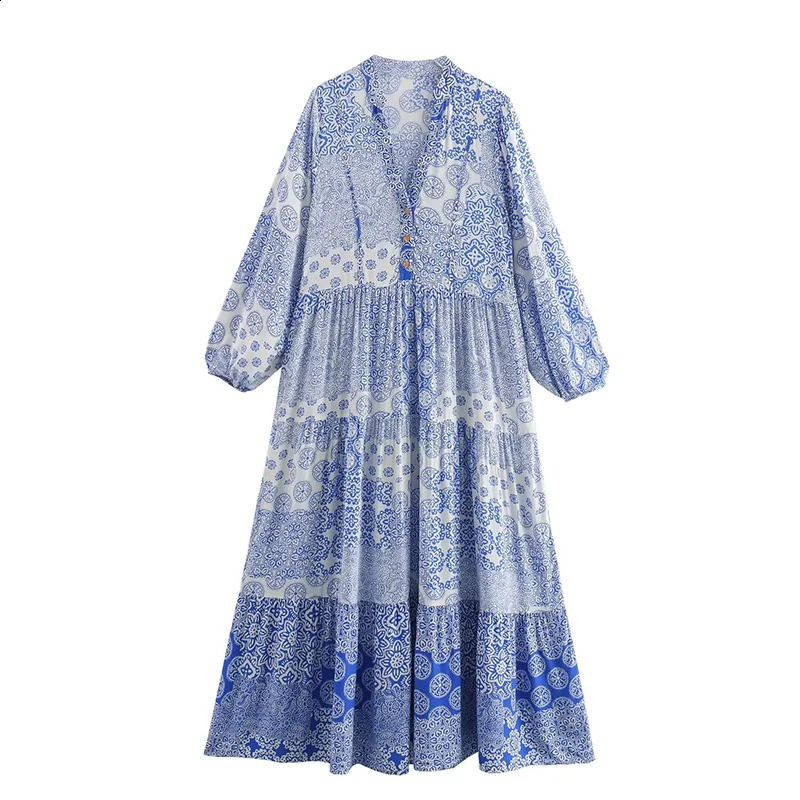 Summer Elegant Womens Vneck Printed Loose Maze Dress Casual Fashion Long Sleeve Vacation Style 240828