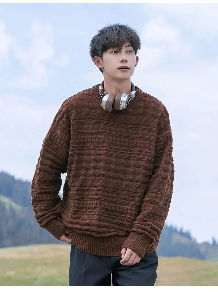 Retro striped soft latte sweater mens couple pattern autumn winter Japanese loose lazy style knitted warm sweater 240829