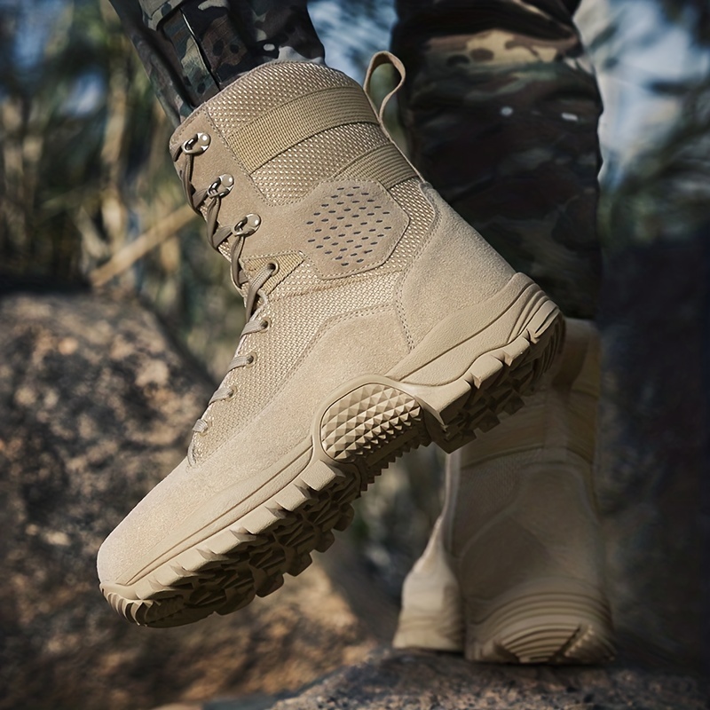Men's solid color high top tactical work boots - waterproof, non-slip, comfortable, breathable, durable for outdoor hiking activities, rubber sol