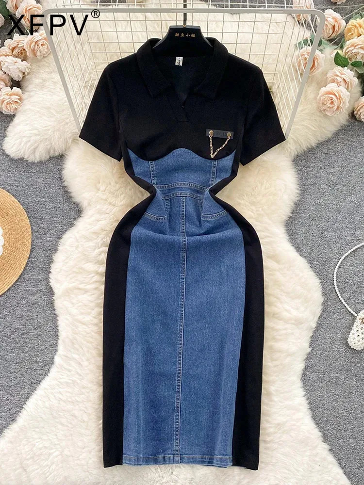 XFPV Women Temperament Short Sleeve Contrast Color Patchwork Denim Dress Vestidos Korean Fashion Spring Autumn SM9365 240828