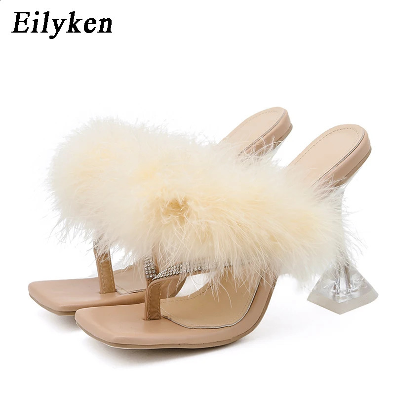 Eilyken Summer Sliders Womens Fur Sliders Fashion Square Heels Transparent Perspex Heels Rhinestone Sandals Womens Flip Shoes 240827