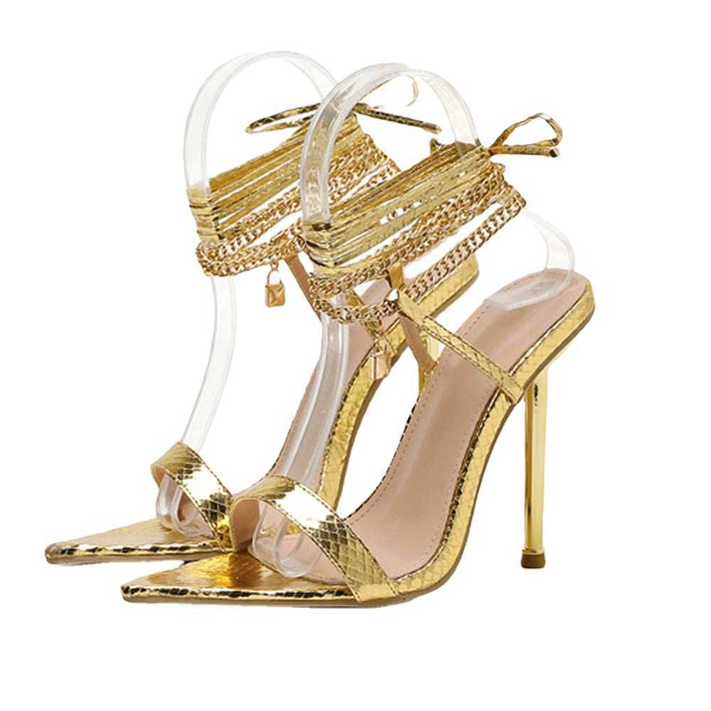 CMM Shoes Pointed Toe Exposed Slender Heel Sexy Chain Strap Roman Summer Sandals High Heels