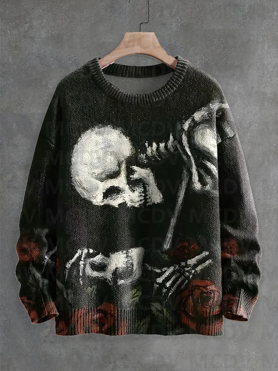 Interesting Skeleton Sunflower Art Halloween Printed Knitted Pullover Sweater for Women and Men 240829