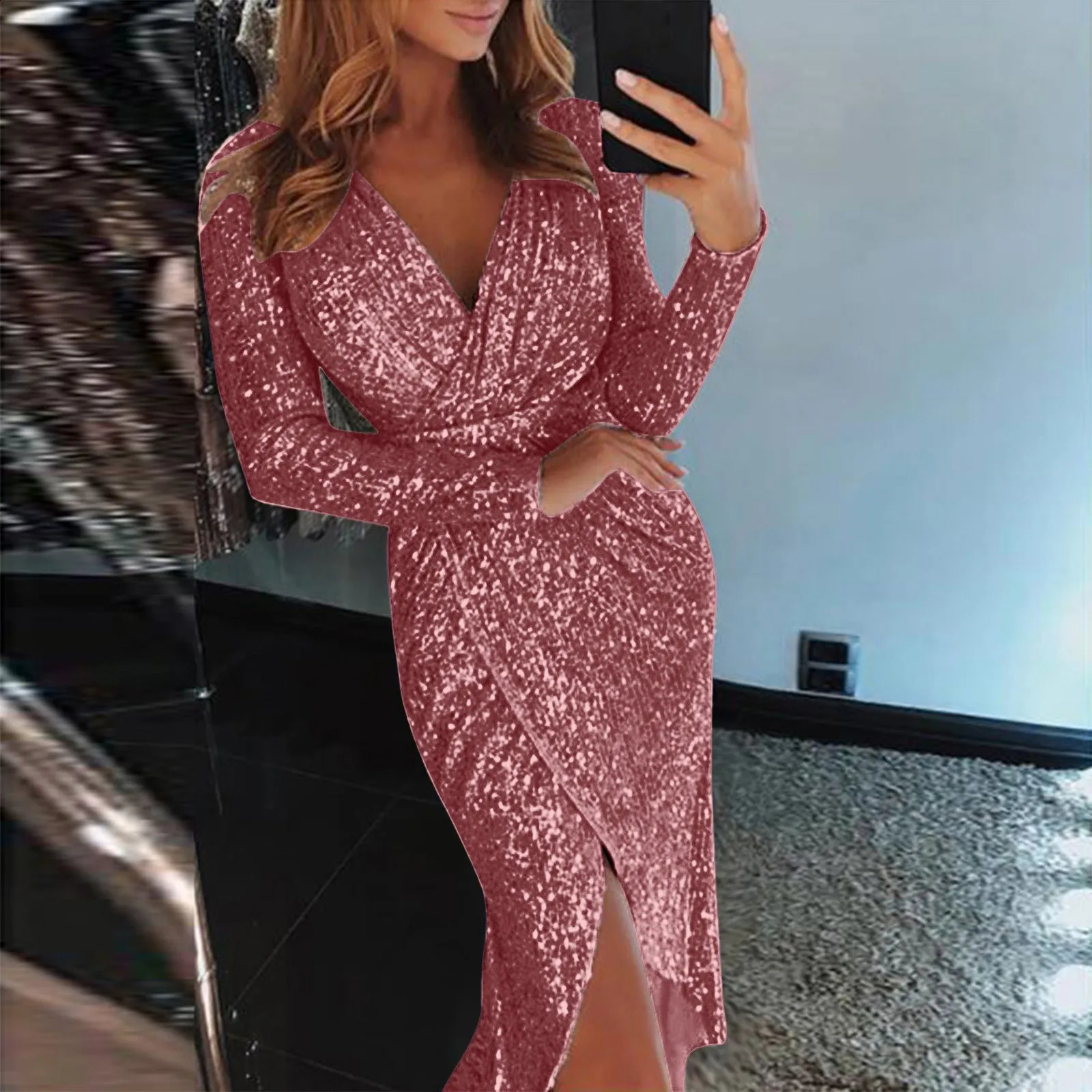 Women Sexy Deep V Sequins Party Dress Wrap Ruched Long Sleeve Dress For Women Wedding Guest Evening Party Dresses 240828