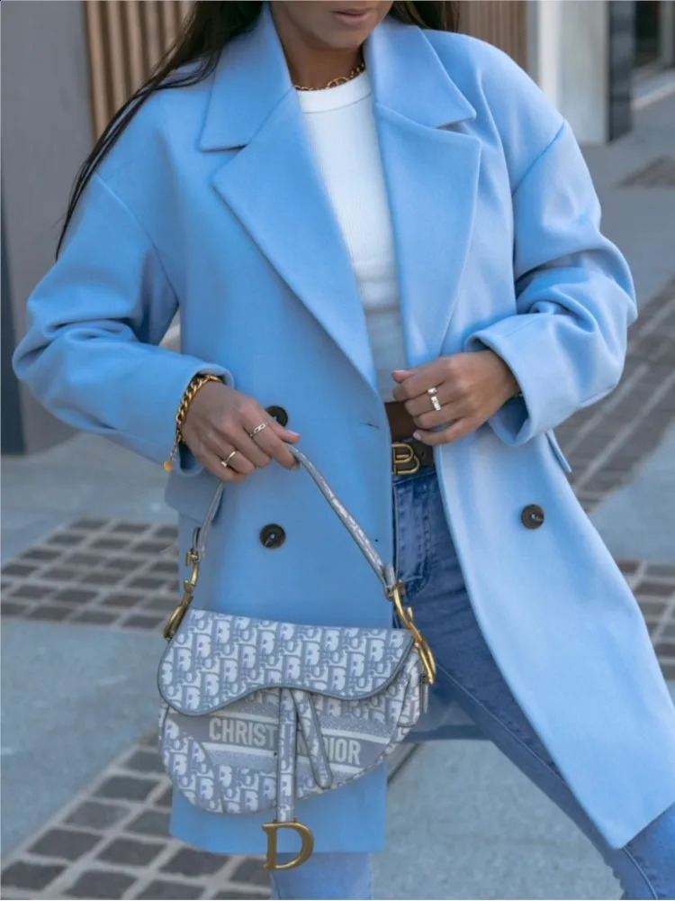 Wool autumn coat womens blue long sleeved fashionable casual womens coat loose womens coat 240828