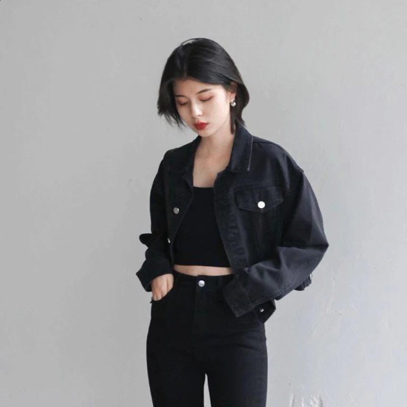 Black Cropped Denim Jackets Women Cool Streetwear Retro Female Basic Chic Ulzzang All-match Chaqueta Mujer Teens Spring Harajuku 240828