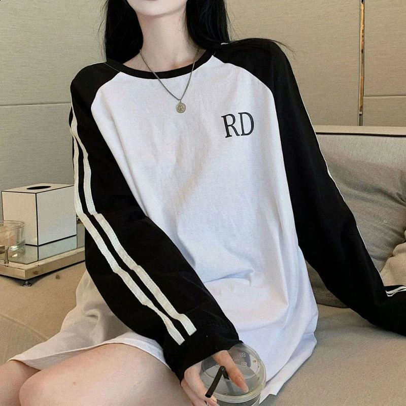 MEXZT Streetwear womens striped patch work too large Pullover Korean Harajuku letter printing loose casual hooded top 240827