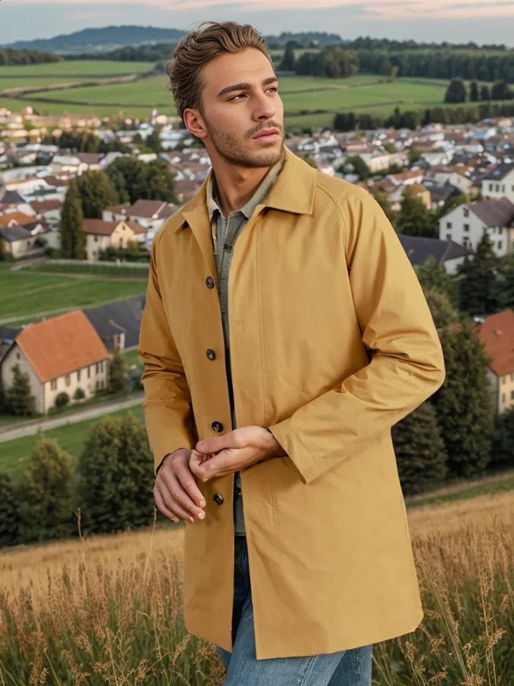 mens windproof spring and automatic solid color mens long sleeved lapel coat single-layer casual long thin coat 240829