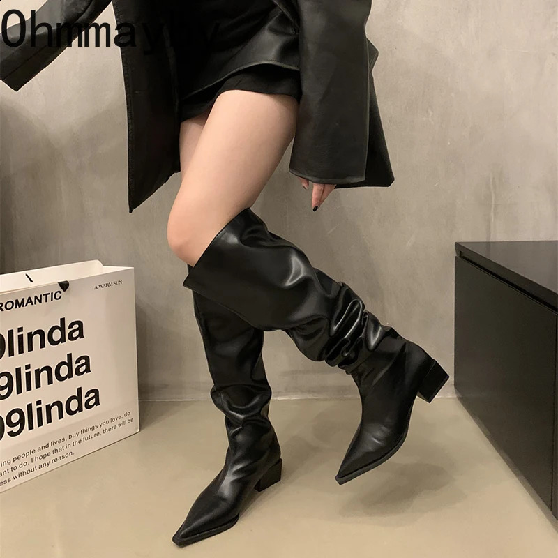 Elastic soft leather womens knee high boots fashionable Pointed sole autumn thick boots womens long boots 240827