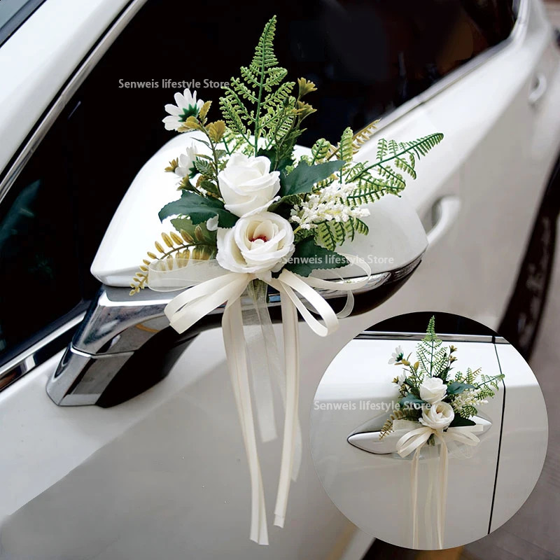 4PCS Artificial Flower Decoration Outdoor Car Mirror Door Romantic Floral Wedding Decor Ribbon false Flower Decoration Supplies 240829