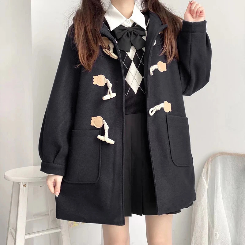 Japanese preparatory style mixed womens Kawaii button up female student hooded jacket Y2k autumn winter fashion bag fully matched retro fashion 240828
