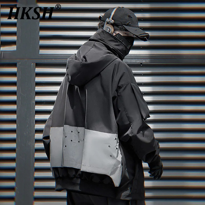 HKSH Heavy Industry Autumn Winter Mens Hidden Hooded Jacket Patchwork Loose Casual Stand Collar Zipper Trendy Sweatshirt HK2460 240828
