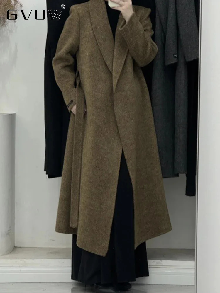 GVUW Retro Long Wool Coat Womens Notched Full Sleeve Coat Solid Color Warm Minimalist Clothing 17G7996 240828