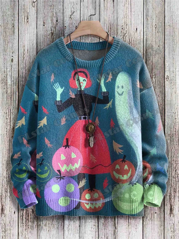 Halloween witch and ghost retro art pattern 3D printing mens knitted floral winter unisex casual knitted floral sweater ZZM127 240829