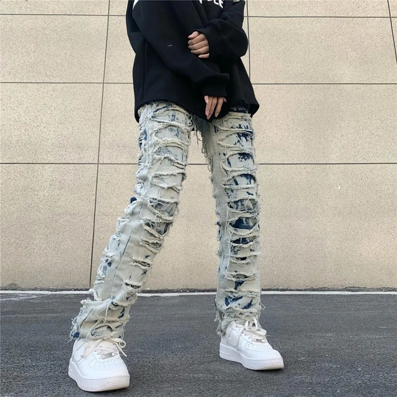 Casual Tie Dye Jeans Men and Women Straight Pants Streetwear Ripped Hole Washed Baggy Haruku Denim Trousers 240828