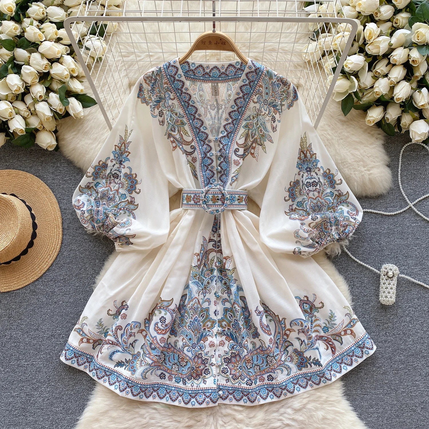 French printed Vtie with puff sleeves long sleeved single chest dress Aline casual womens clothing autumn and spring Vestido 240828