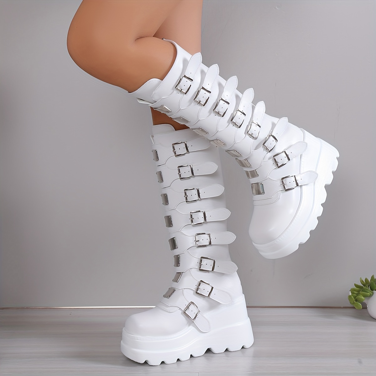 Women's wedge heel boots long boots, fashion buckle design thick sole boot, women's fashion back zipper boots carnival and music festival bo