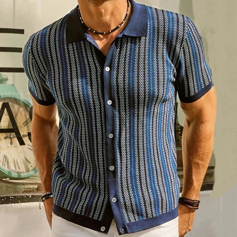 Summer Mens Stripe Printed Knitted Shirts Pola Neck Short Sleeve Button-down T-Shirts for Men Vintage Business Knitwear 240828