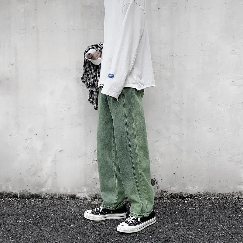 Mens fashionable straight jeans green streetwear hip-hop skateboarding casual wide leg young mens Harajuku style jeans 240829