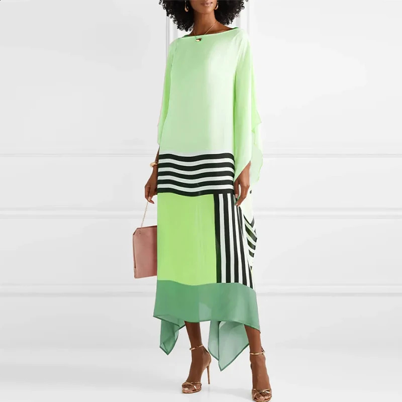 Candy Stripe Print Patchwork Kaftan Dress Womens Spring Round Neck Irregular Long Summer Bat Sleeve Bohemian 240828