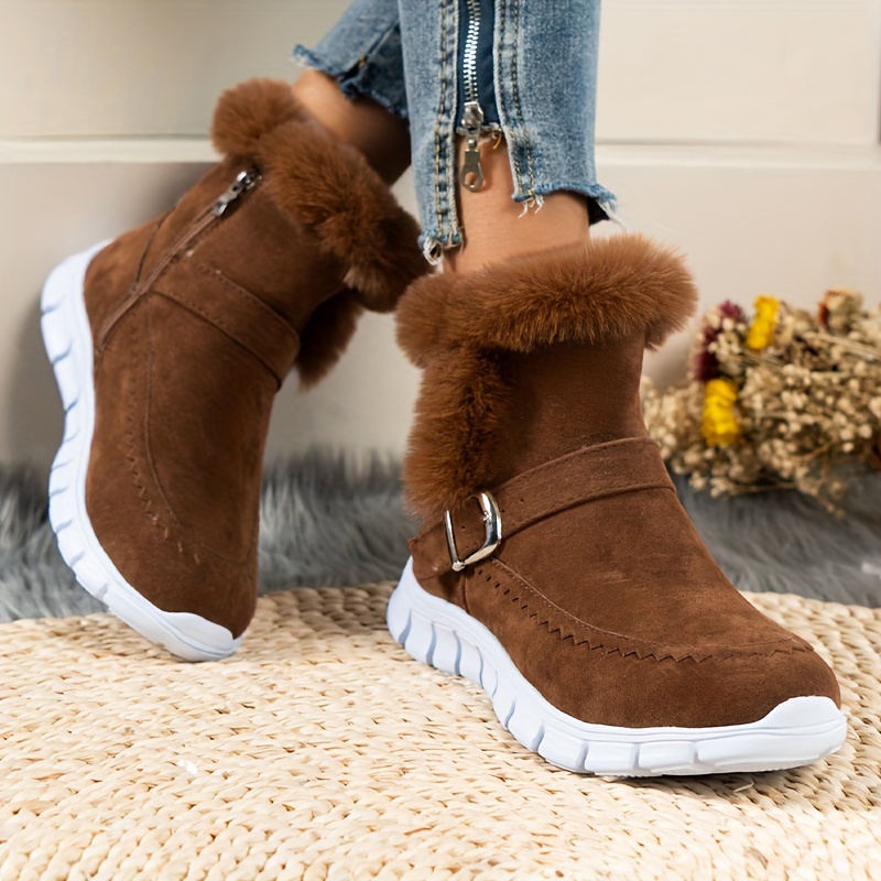 Cozy Winter Thermal Insulated Snow - Wm Plush ed, Fluffy Trim, Side Zipper, Water Resistant, Anti-Slip, Comfortable Ankle Boots for Womens Cold Weathe
