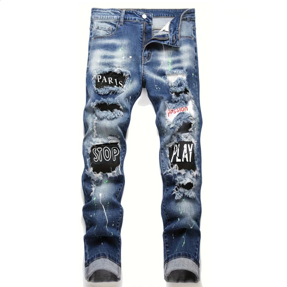 Mens y2k stretch denim jeans tear tight letter printed elastic waist casual pants mens eyelets slim fit denim hip-hop Trouser 240829