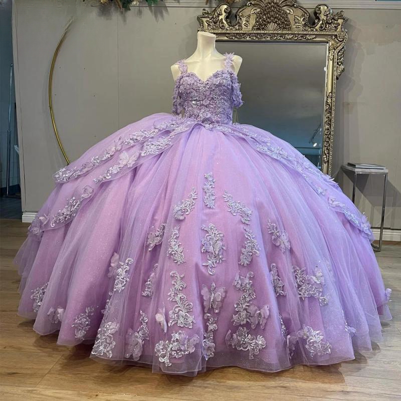 Lilac Ball Gown Quinceanera Dresses Spaghetti Sequined Appliques Lace Beads Tull Vestidos De 15 Anos Sweet 16 Dress