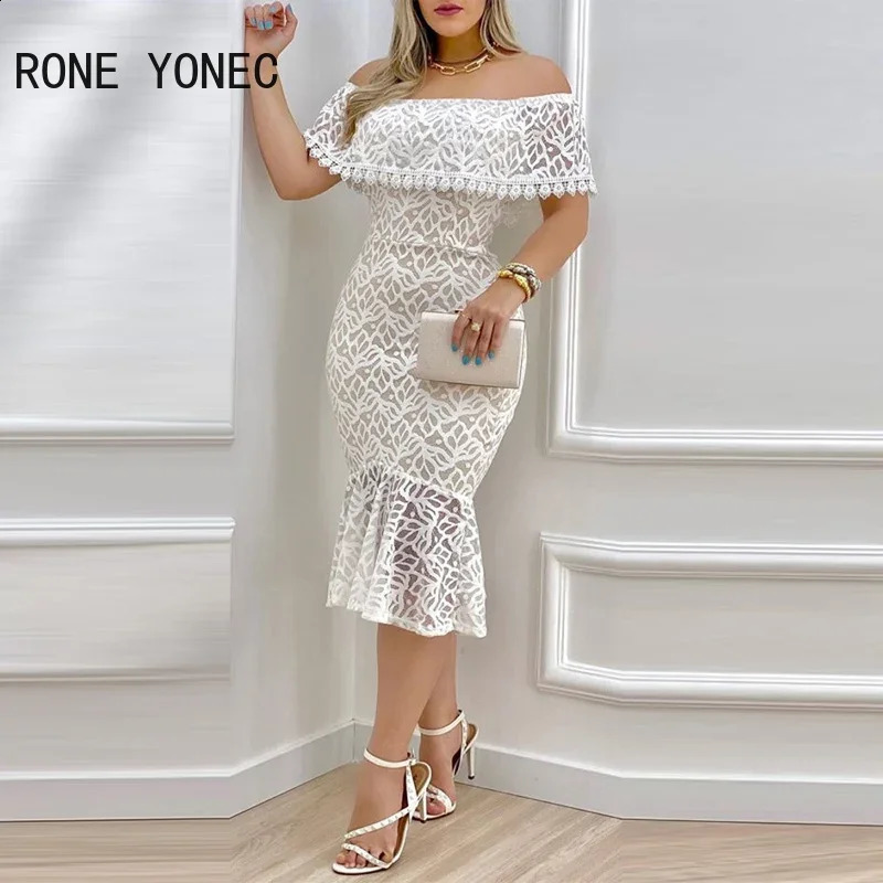Women Solid Chic Off Shoulder Ruffle Hem Lace Hem Bodycon Sexy Formal Party Dress 240828