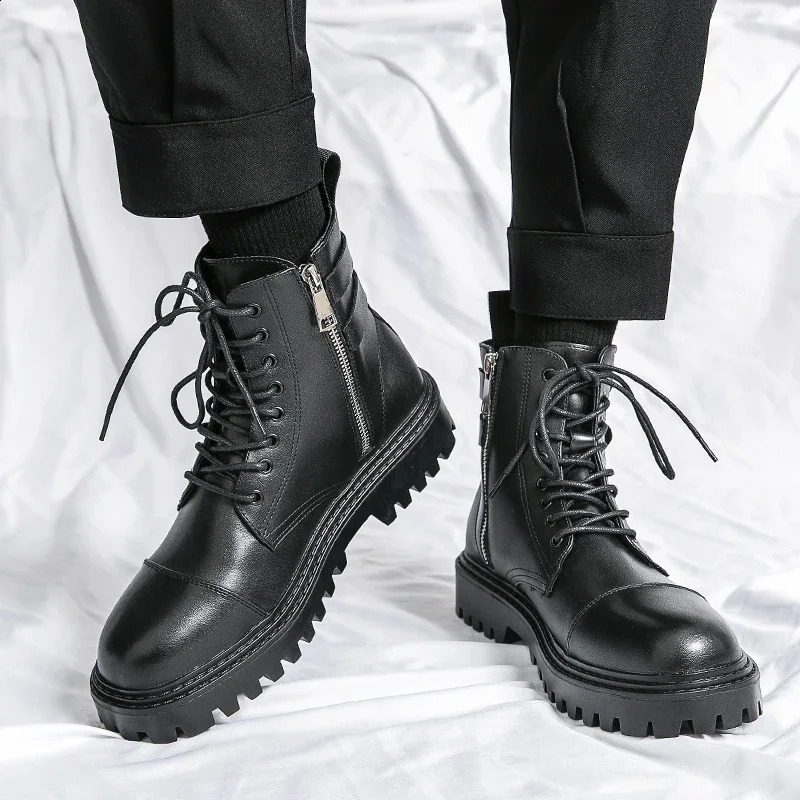 Winter Fashion Brown Leather Mens High Motorcycle Men Outdoor Thick Bottom Round Head Waterproonkle Boots 240828