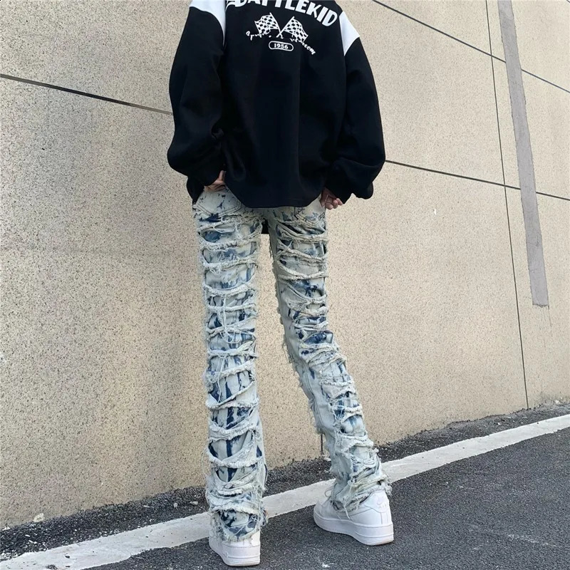 Casual Tie Dye Jeans Men and Women Straight Pants Streetwear Ripped Hole Washed Baggy Haruku Denim Trousers 240828