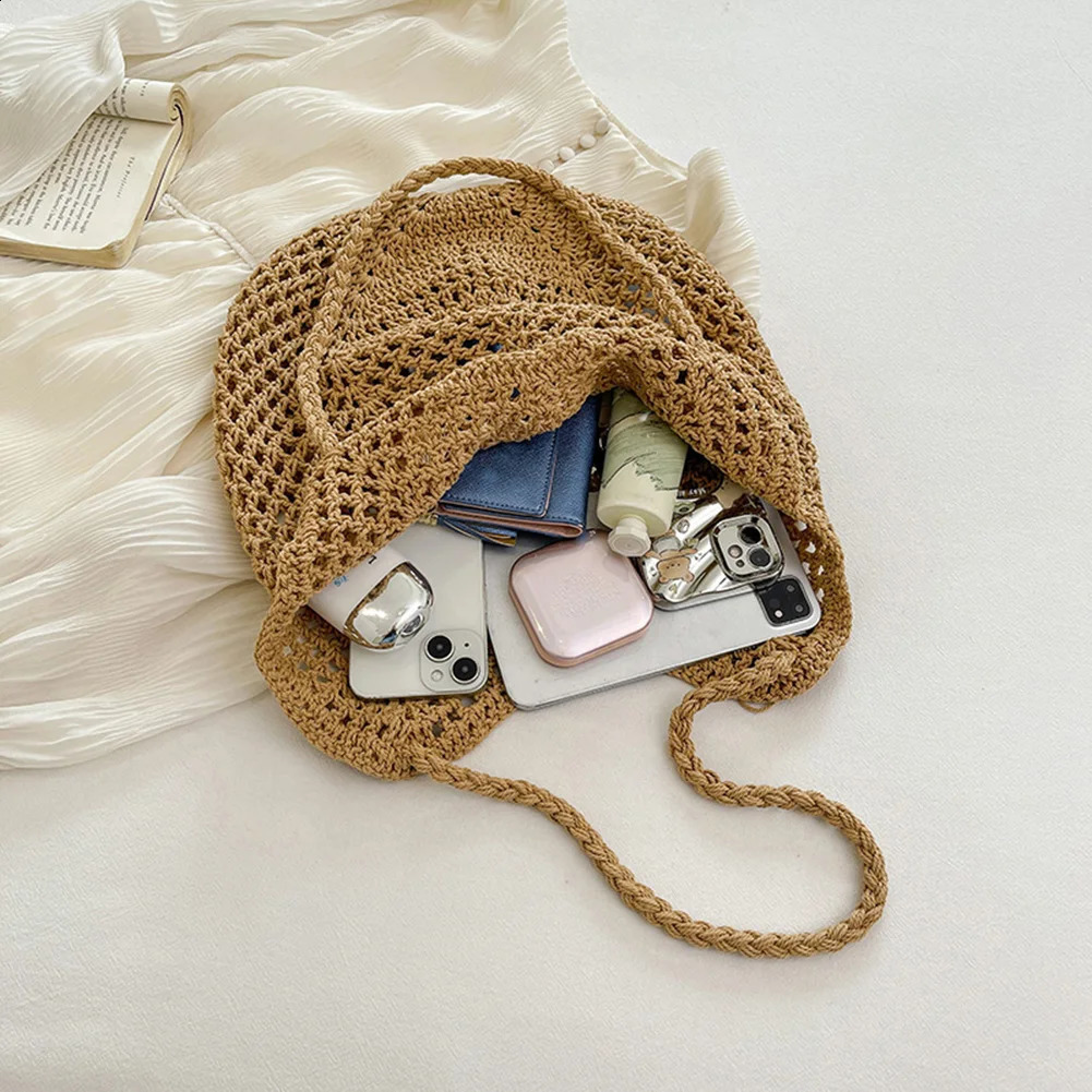 Straw Summer Beach Bag Large Capacity Women Woven Shoulder Purse Solid Color Clutch for Shopping Vacation Travel 240828