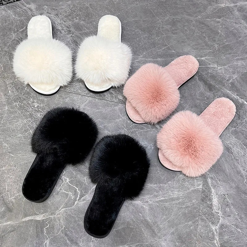 womens slippers winter simple word fur apartment soft home womens slippers artificial fur warm bedroom casual womens shoes 240827