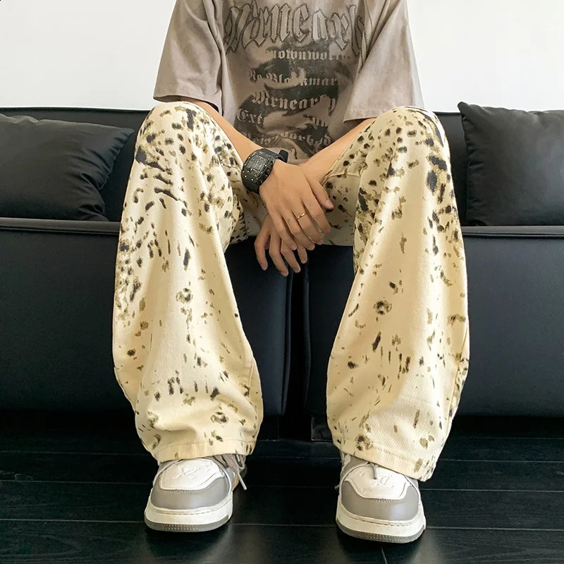 Mens leopard print jeans wide leg straight high street jeans mens handsome Trouser American street fashion 240829