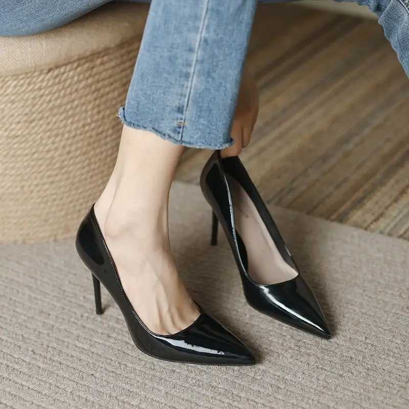 High Quality Trendy Nude High Heels New Minimalist Patent Leather Temperature Point Shallow Mouth Versatile High Heels Single Shoe T241024