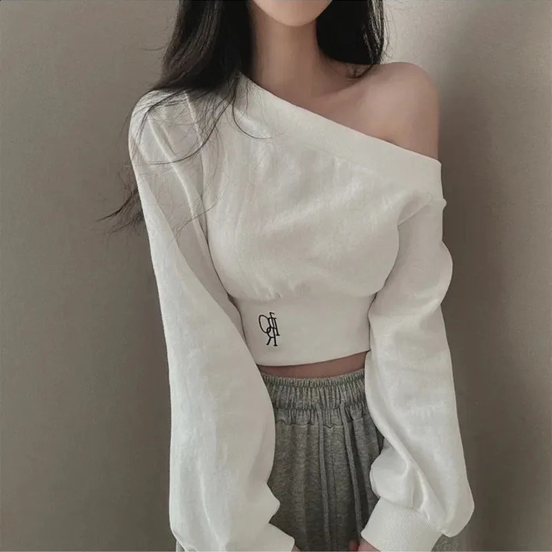 Autumn Irregular Skeleton Collar Hoodie Womens Sexy Fashion Sportswear Long Sleeve Puff Short Solid Ultra Thin Pullover Top 240827