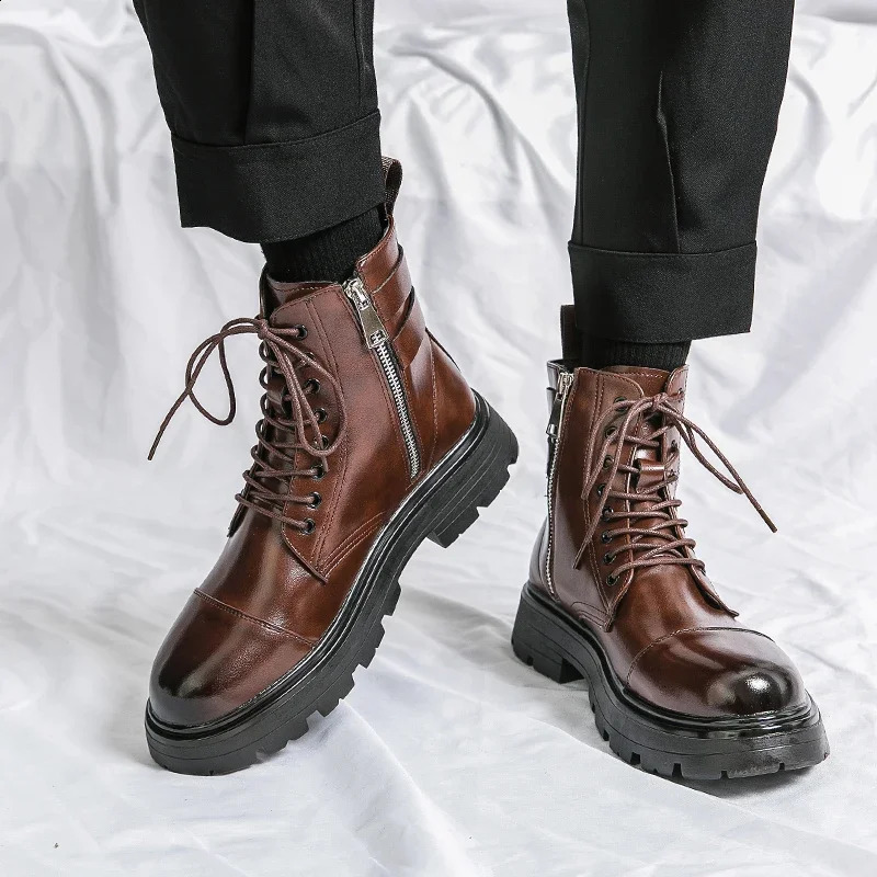 Winter Fashion Brown Leather Mens High Motorcycle Men Outdoor Thick Bottom Round Head Waterproonkle Boots 240828