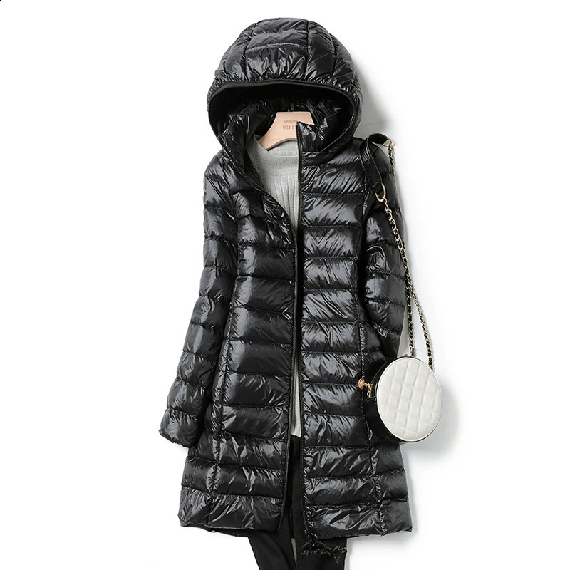 Winter Womens Korean Fashion Slim Remove Hooded Parka Fashionable Outerwear Down Jackets Long Light Thin Coat Puffer Jacket 240829