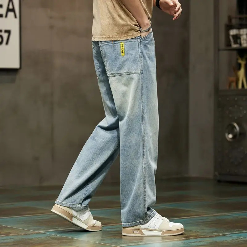 American retro hip-hop street summer jeans mens solid button zipper pocket fashionable casual loose denim straight pants 240829