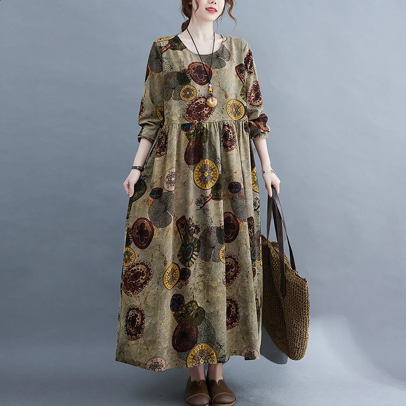 Wxw3303 vintage long skirt womens sleeved Oneck printed Aline dress loose ankle spring and autumn 240828