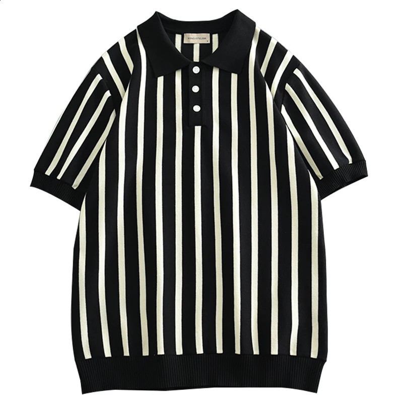 Cool and breathable striped knitted mens polo shirt summer fashion short sleeved slim fit business style top 24ss Y2k young 240828