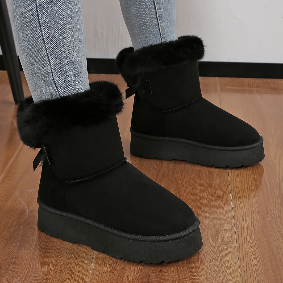 Comfortable Womens Solid Fluffy Bow Snow Boots - Slip-on soft thick sole design plush ing and non-slip traction to keep you warm stylish winter boot s