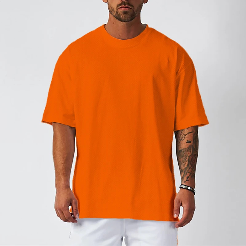 Plain Mesh Fitness Mens Oversized T Shirt Outdoor Hip Hop Streetwear Loose Gym Clothing Half Sleeve Tshirt Bodybuilding 240823