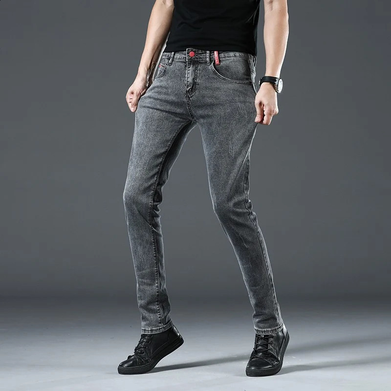 Mens Grey Korean Slim Fit Stretch Jeans Fashion Skinny Men Casual Classic Cotton Youth Pencil Denim Trousers 240826Z